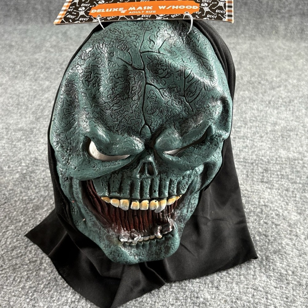 VTG 90s Regent Deluxe Monster Mask w/ Hood sz Adult Green Skull Horror Halloween